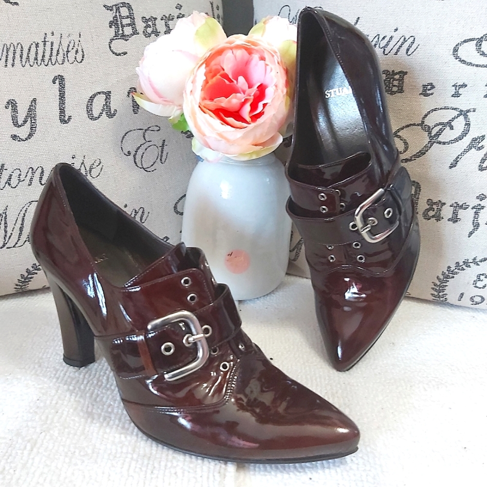Stuart Weitzman vintage patent leather shootie boots 4" heels burgundy